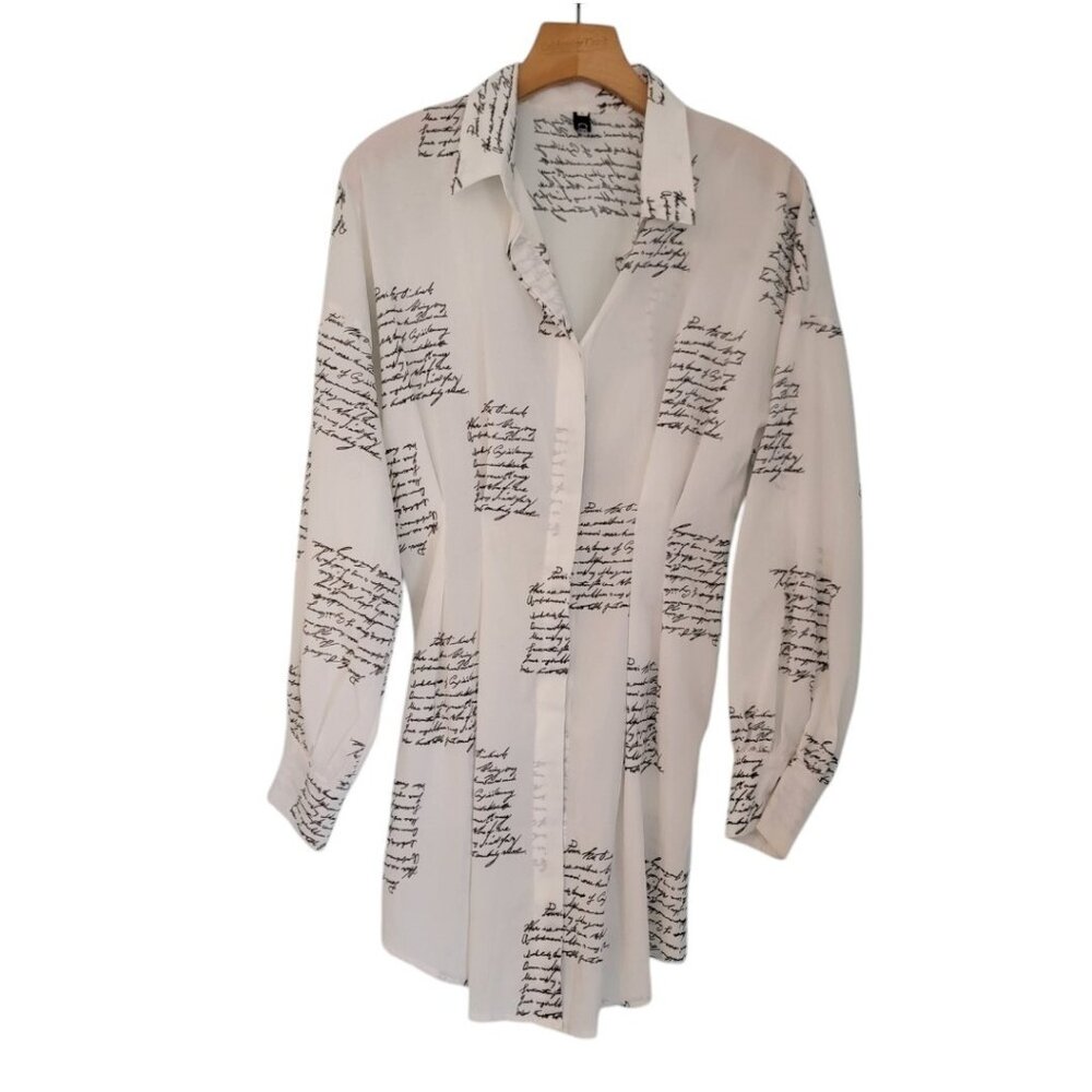 Womens CBR Long Sleeve Button Up Tunic Sz S Oversize Top Writing Script Pattern